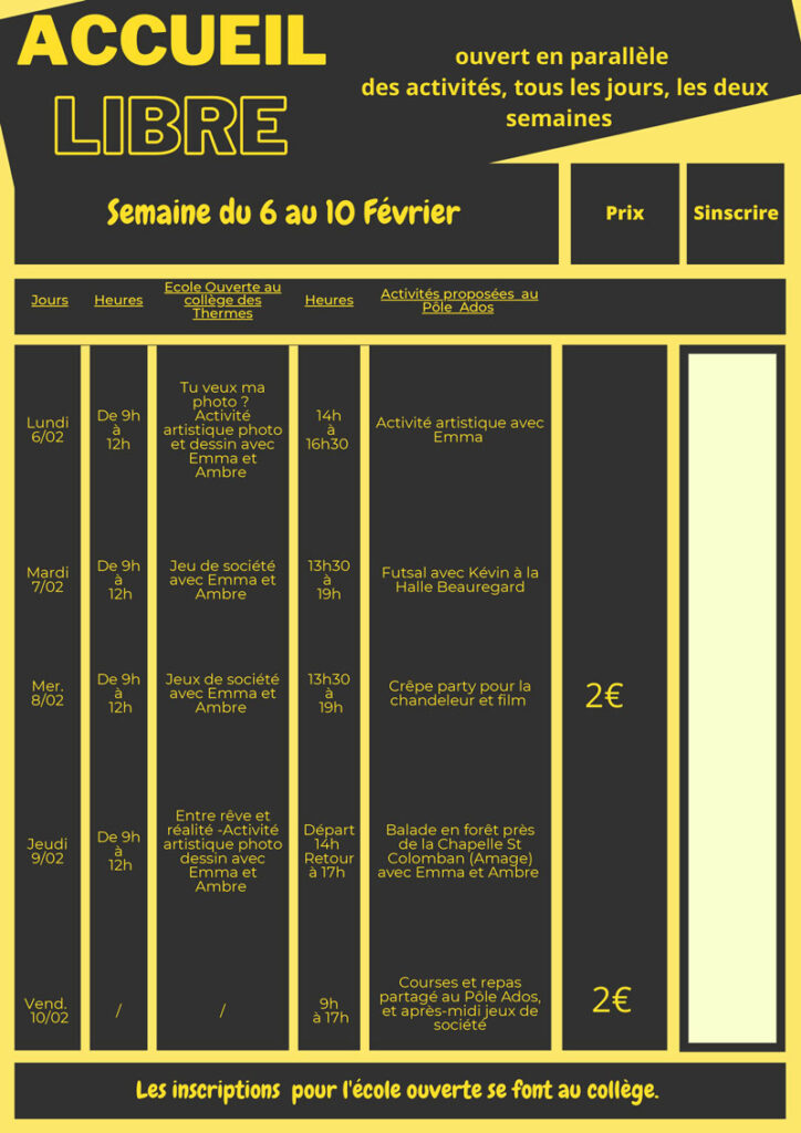 Pôle Ados: Programme vacances de Février