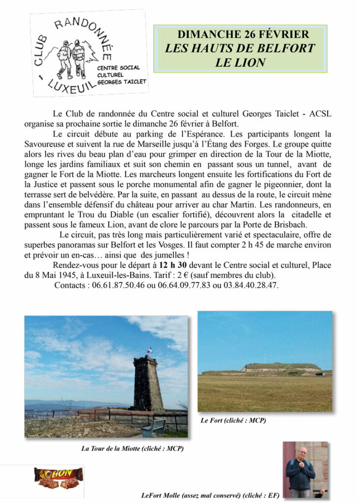 Prochaine sortie du Club de Randonnée - Dimanche 26 février - Les Hauts de Belfort - Le Lion