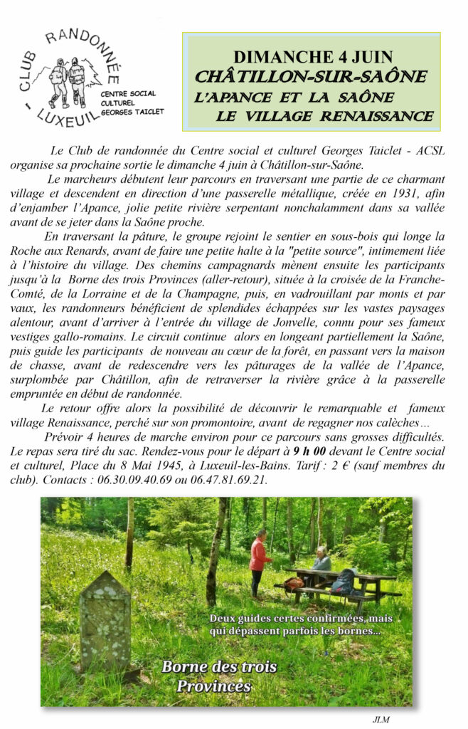 Randonnée - Dimanche 4 juin - Châtillon sur Saône - L'apance et la Saône - Le village renaissance.