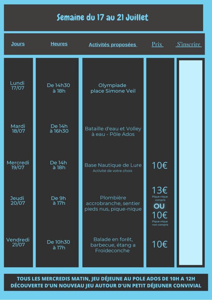 Programme été du Pôle Ados - Du 10 juillet au 11 août