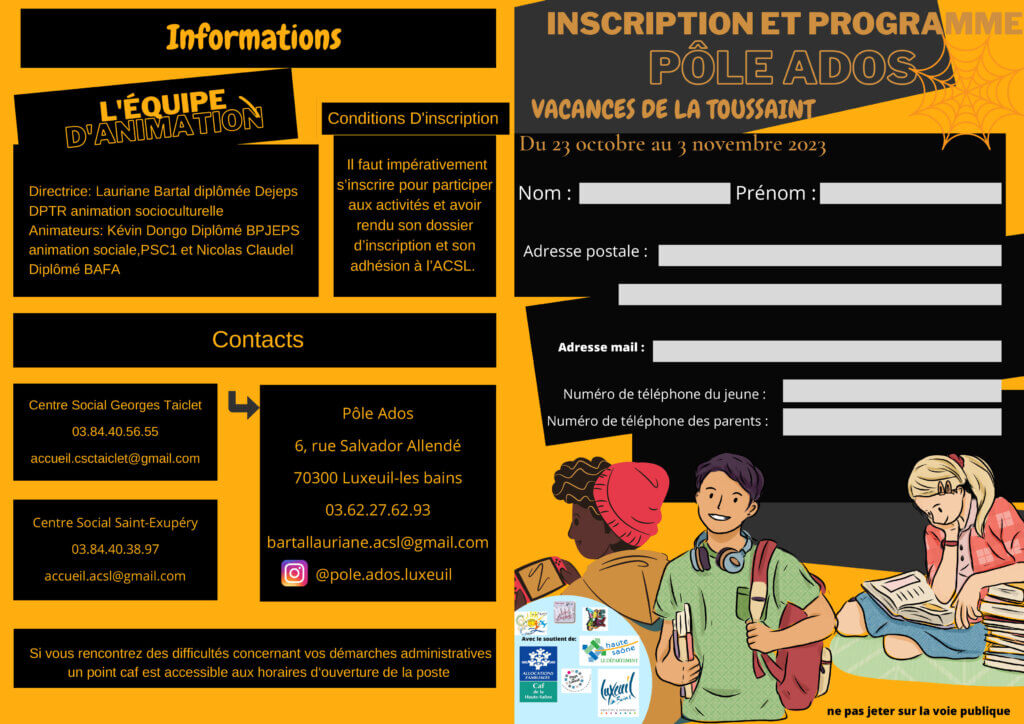 Programme du pôle ados pour les vacances de toussaint - page inscription