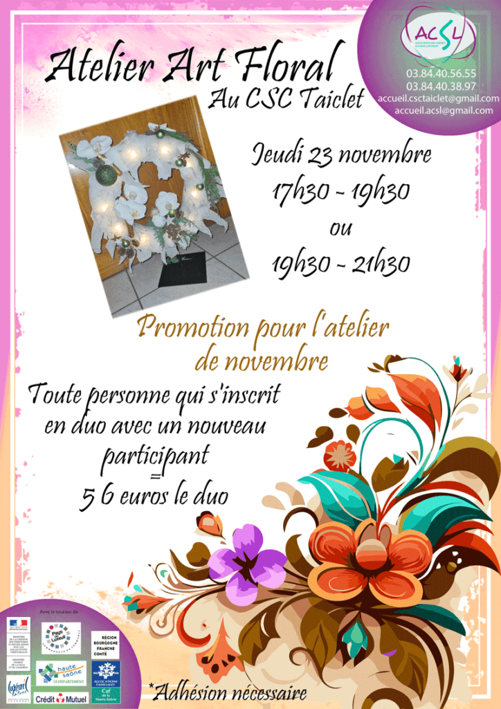 Affiche de la promotion de l'atelier art floral pour novembre