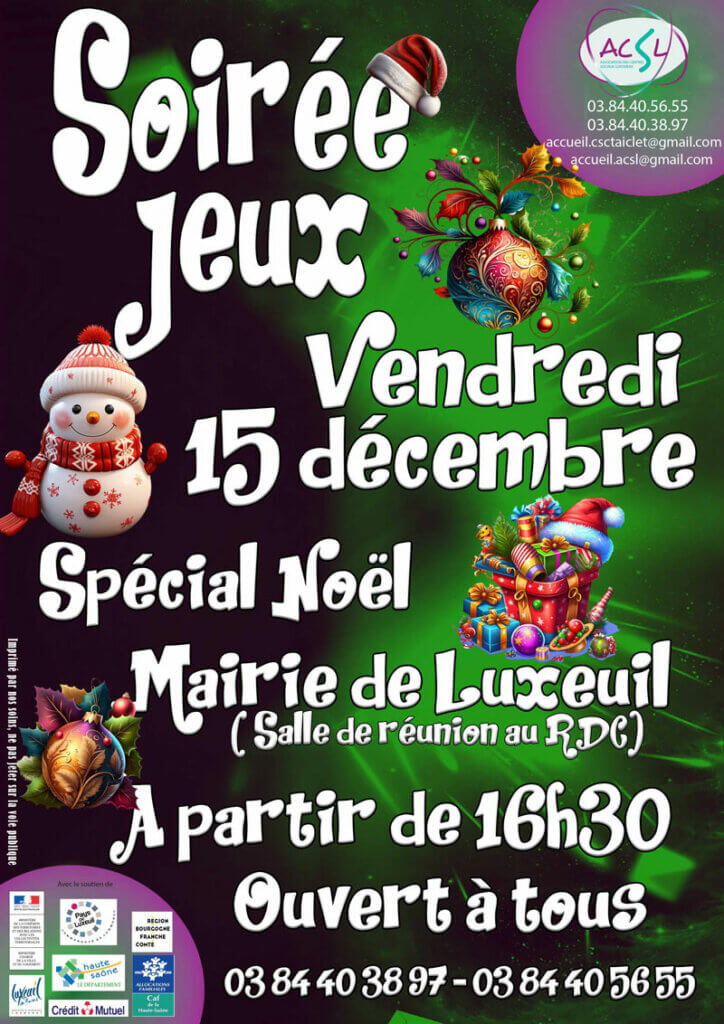 Visuel soirée jeux du 15 décembre 2023 à la mairie de Luxeuil-les-Bains