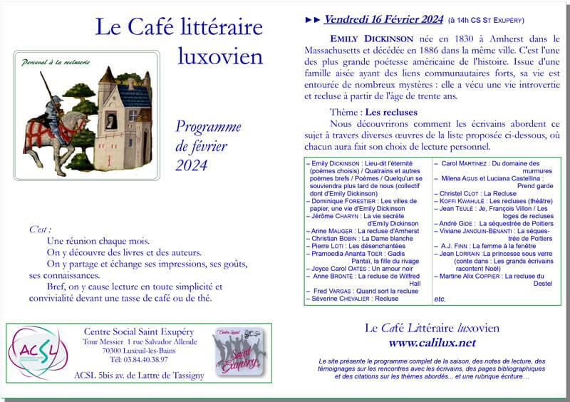 Programme du Café Littéraire pour le mois de février 2024